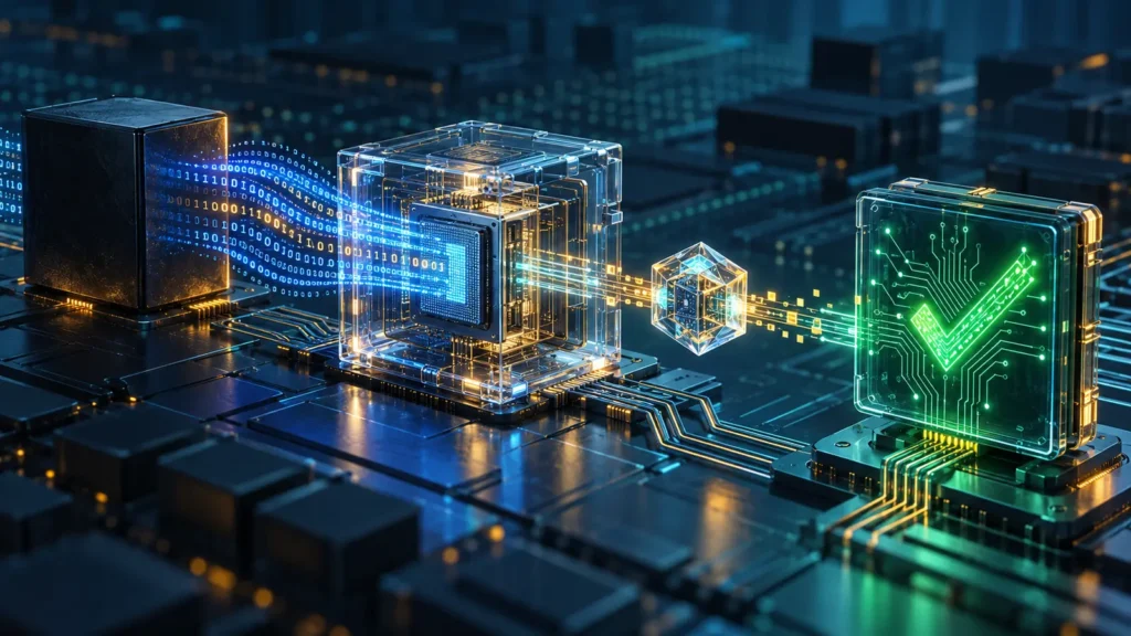 Procesador virtual que genera una prueba criptográfica y un verificador independiente confirma la ejecución