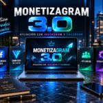 Monetizagram 3.0 en una oficina con luces azules, un portátil y paneles sobre Instagram, Facebook, embudos de venta y automatización