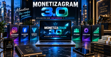 Monetizagram 3.0 en una oficina con luces azules, un portátil y paneles sobre Instagram, Facebook, embudos de venta y automatización