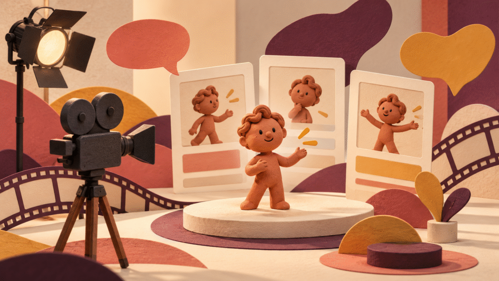 Personaje de arcilla junto a una cámara y paneles de escenas, como ilustración de la creación de vídeos con avatares IA