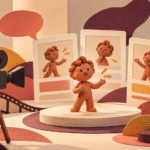 Personaje de arcilla junto a una cámara y paneles de escenas, como ilustración de la creación de vídeos con avatares IA