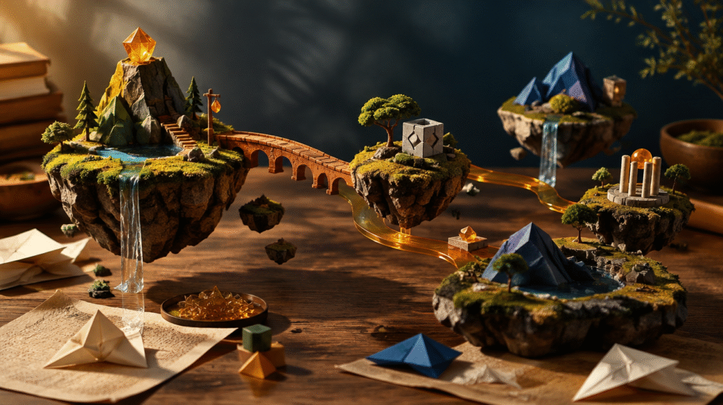 Mundos de juego en miniatura conectados sobre una mesa, representación editorial de la creación de videojuegos con IA