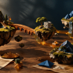 Mundos de juego en miniatura conectados sobre una mesa, representación editorial de la creación de videojuegos con IA