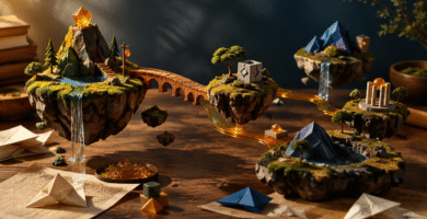Mundos de juego en miniatura conectados sobre una mesa, representación editorial de la creación de videojuegos con IA