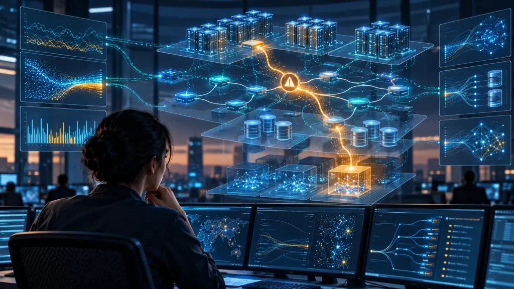 Operadora supervisa una fábrica de inteligencia artificial mientras un mapa de telemetría relaciona GPU, red y cargas de trabajo