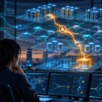 Operadora supervisa una fábrica de inteligencia artificial mientras un mapa de telemetría relaciona GPU, red y cargas de trabajo