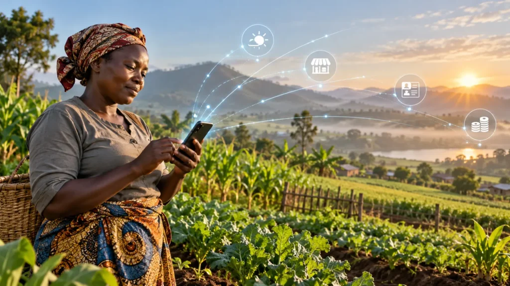 Agricultora consulta un móvil mientras una red digital conecta clima, mercado, identidad y pagos