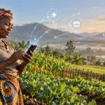 Agricultora consulta un móvil mientras una red digital conecta clima, mercado, identidad y pagos