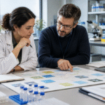 Científica y responsable de programa revisan un plan de desarrollo farmacéutico en un laboratorio, con supervisión humana