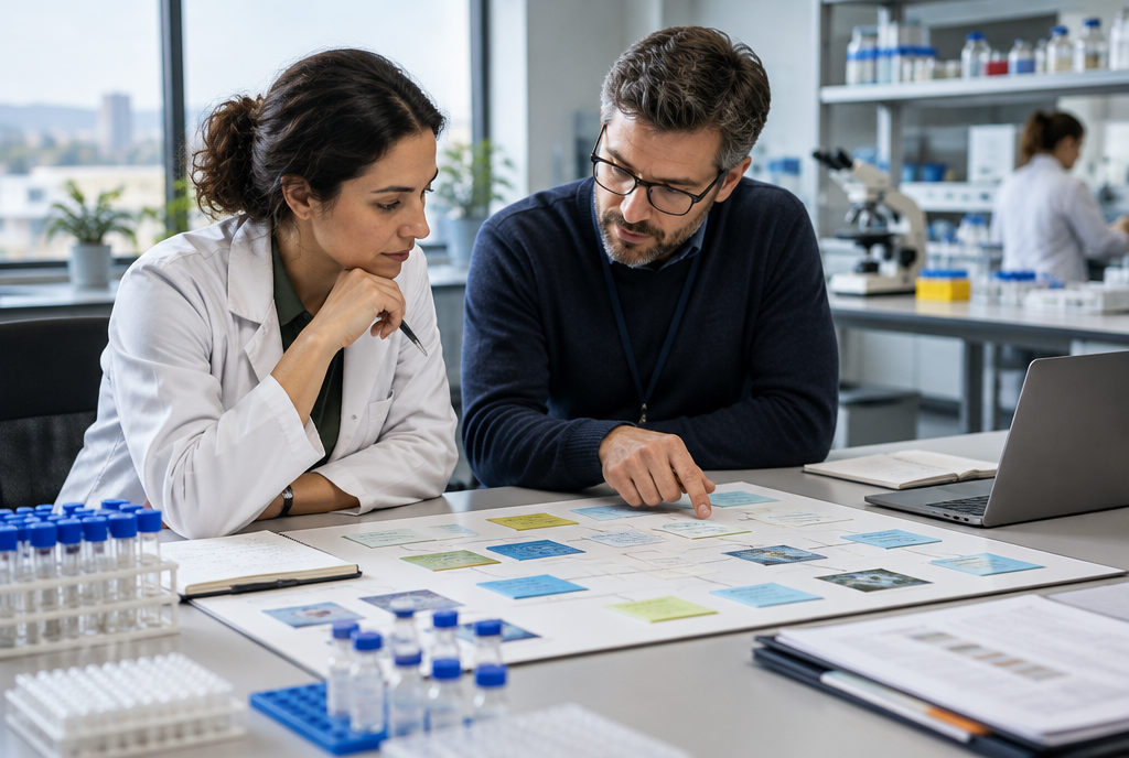 Científica y responsable de programa revisan un plan de desarrollo farmacéutico en un laboratorio, con supervisión humana
