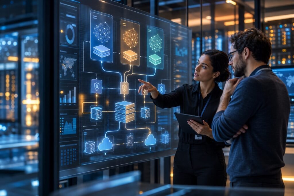 Arquitectos de software comparan modelos de inteligencia artificial en una plataforma de nube empresarial segura