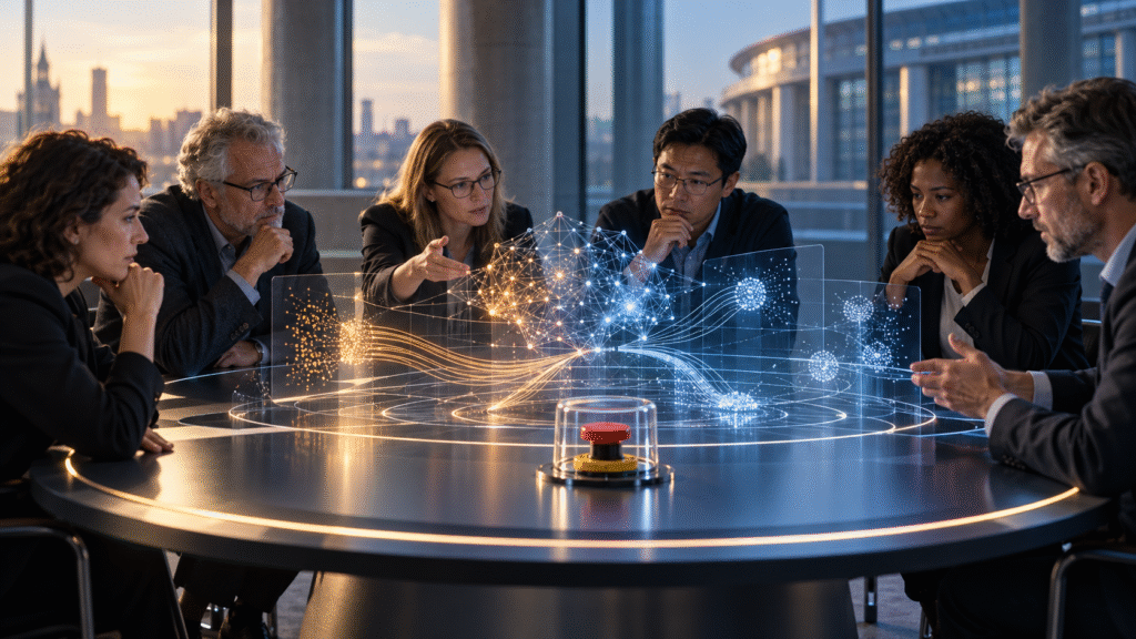 Seis expertos analizan redes de inteligencia artificial en una mesa con un botón de parada de emergencia