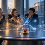 Seis expertos analizan redes de inteligencia artificial en una mesa con un botón de parada de emergencia