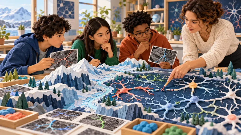 Estudiantes y una docente verifican conexiones neuronales en una maqueta de montaña durante una actividad de alfabetización en IA