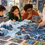 Estudiantes y una docente verifican conexiones neuronales en una maqueta de montaña durante una actividad de alfabetización en IA