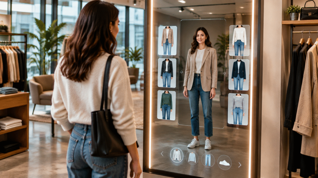 Persona usando un probador virtual de ropa asistido por inteligencia artificial en una interfaz de compra digital
