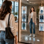 Persona usando un probador virtual de ropa asistido por inteligencia artificial en una interfaz de compra digital