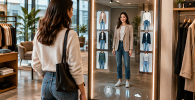 Persona usando un probador virtual de ropa asistido por inteligencia artificial en una interfaz de compra digital