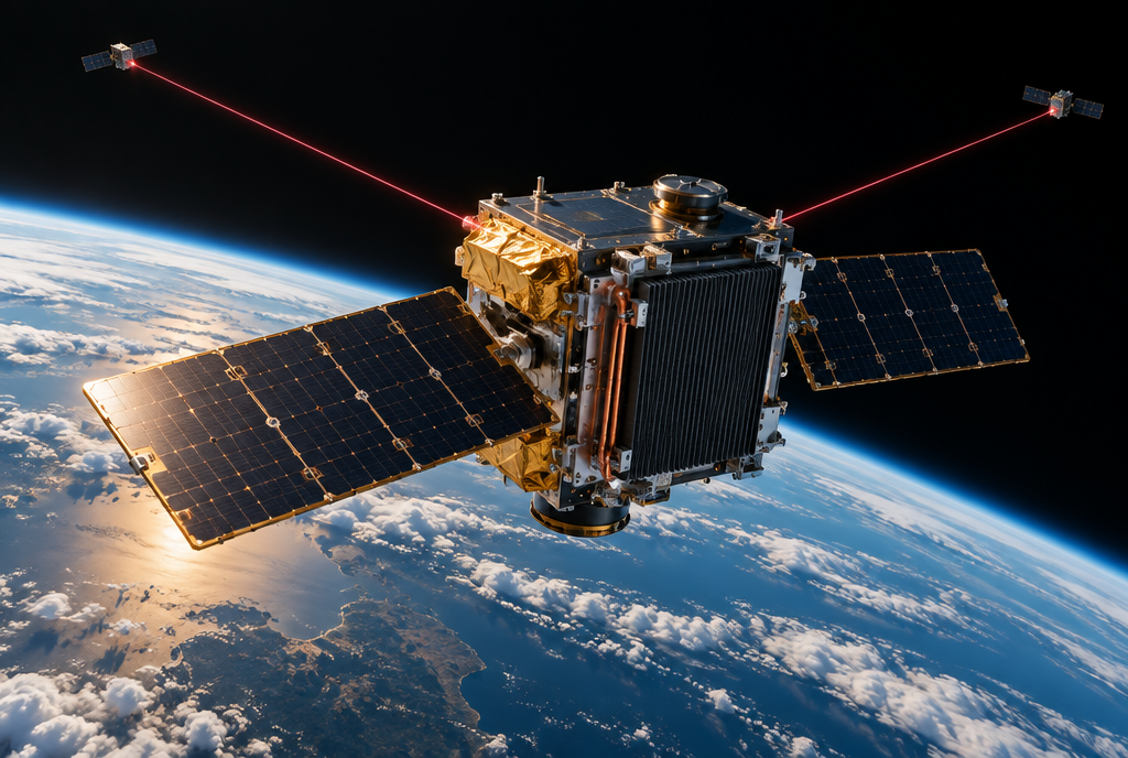 Satélite experimental de cómputo de IA en órbita sobre la Tierra con paneles solares y enlaces ópticos