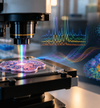 Ilustración editorial sobre microscopía Raman e inteligencia artificial para detectar células senescentes