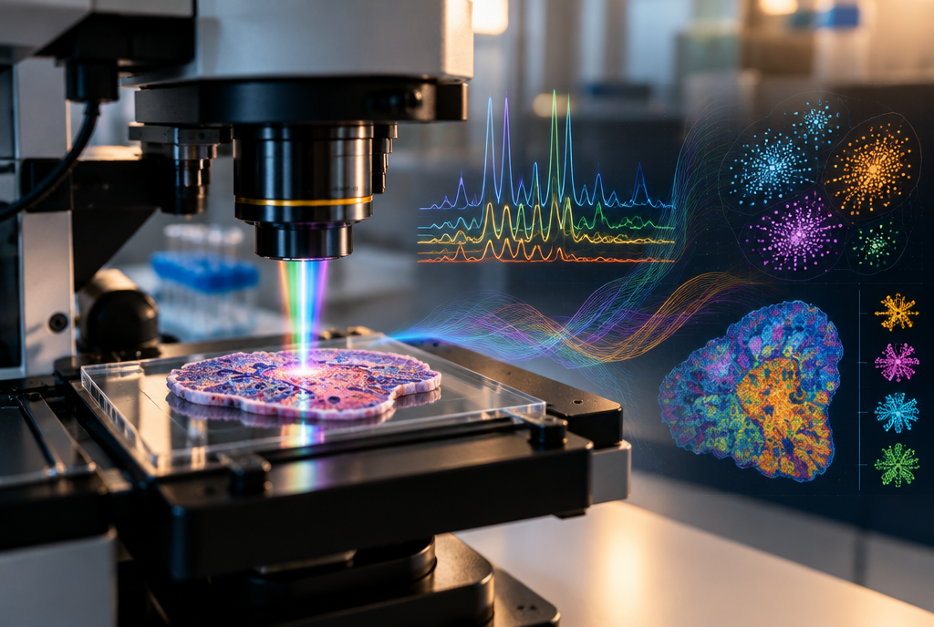 Ilustración editorial sobre microscopía Raman e inteligencia artificial para detectar células senescentes