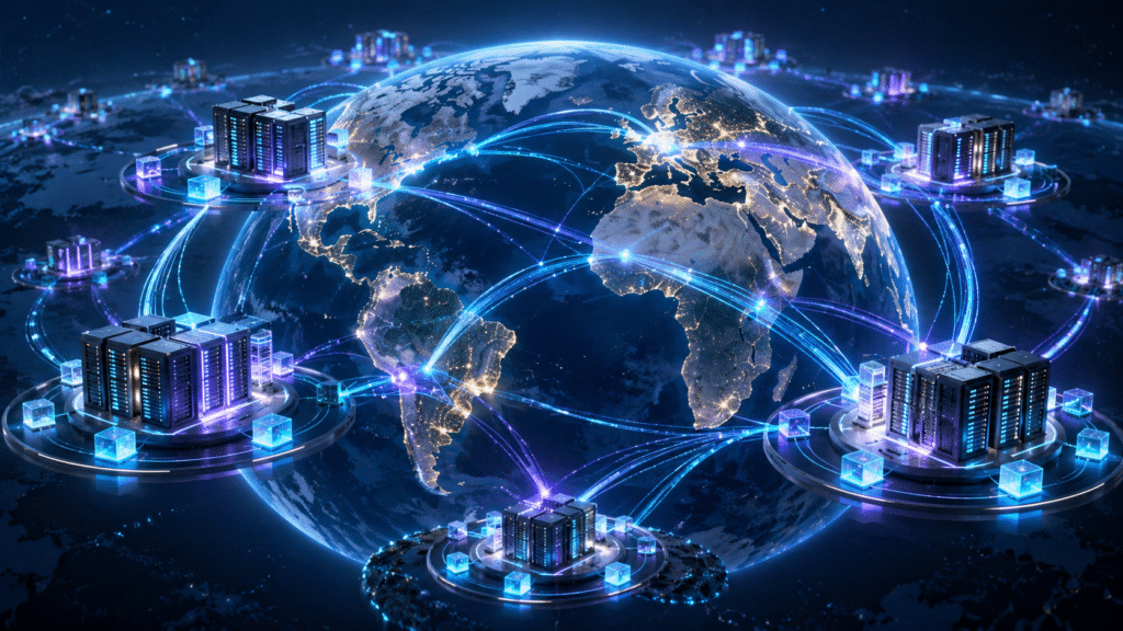 Red mundial de centros de datos conectados que representa el escalado del almacenamiento de ChatGPT para más de mil millones de usuarios