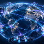 Red mundial de centros de datos conectados que representa el escalado del almacenamiento de ChatGPT para más de mil millones de usuarios