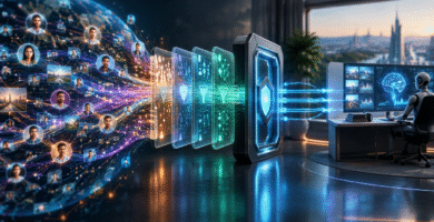 Red de datos pública atravesando filtros de acceso para sistemas automatizados