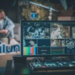 Regía audiovisual con monitor multivista y consola de realización, imagen ilustrativa de búsqueda y revisión editorial; no muestra instalaciones de la EBU ni de UFA
