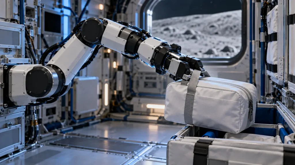Brazo robótico trasladando una bolsa médica dentro de un módulo espacial para una prueba de asistencia en misiones a la Luna y Marte