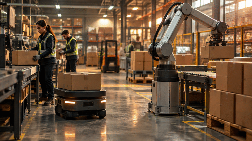 Robots industriales y trabajadores compartiendo un entorno logístico automatizado