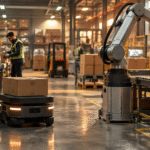Robots industriales y trabajadores compartiendo un entorno logístico automatizado