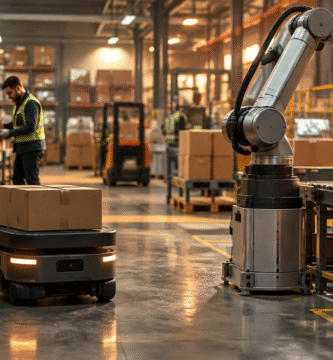 Robots industriales y trabajadores compartiendo un entorno logístico automatizado