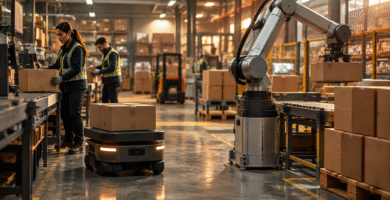 Robots industriales y trabajadores compartiendo un entorno logístico automatizado