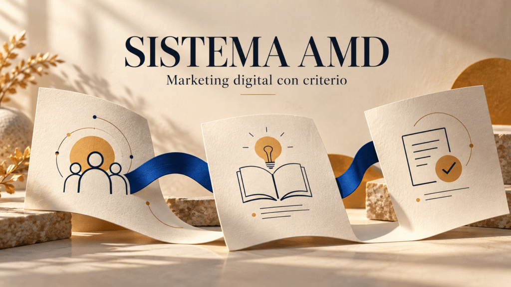 Portada editorial de Sistema AMD con tres tarjetas que representan público, aprendizaje y una oferta revisada.