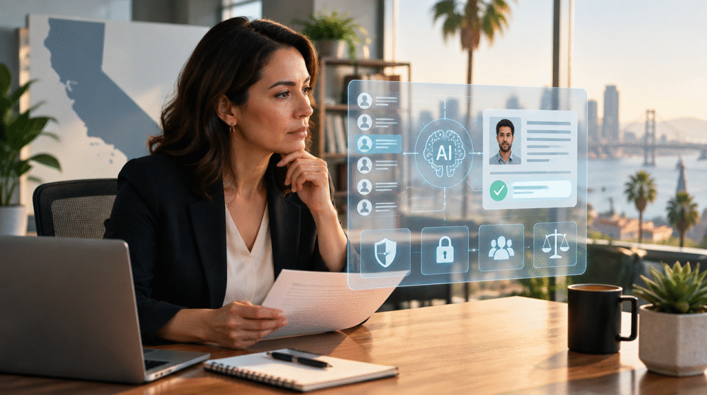 Profesional revisando una decisión automatizada de IA en un entorno laboral de California