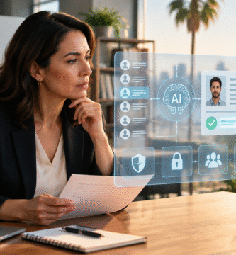 Profesional revisando una decisión automatizada de IA en un entorno laboral de California