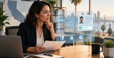 Profesional revisando una decisión automatizada de IA en un entorno laboral de California