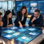 Equipo empresarial supervisando un flujo de agentes de inteligencia artificial conectados a documentos y datos