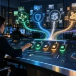 Profesional supervisando cinco flujos de inteligencia artificial con controles de autorización, seguridad y transparencia
