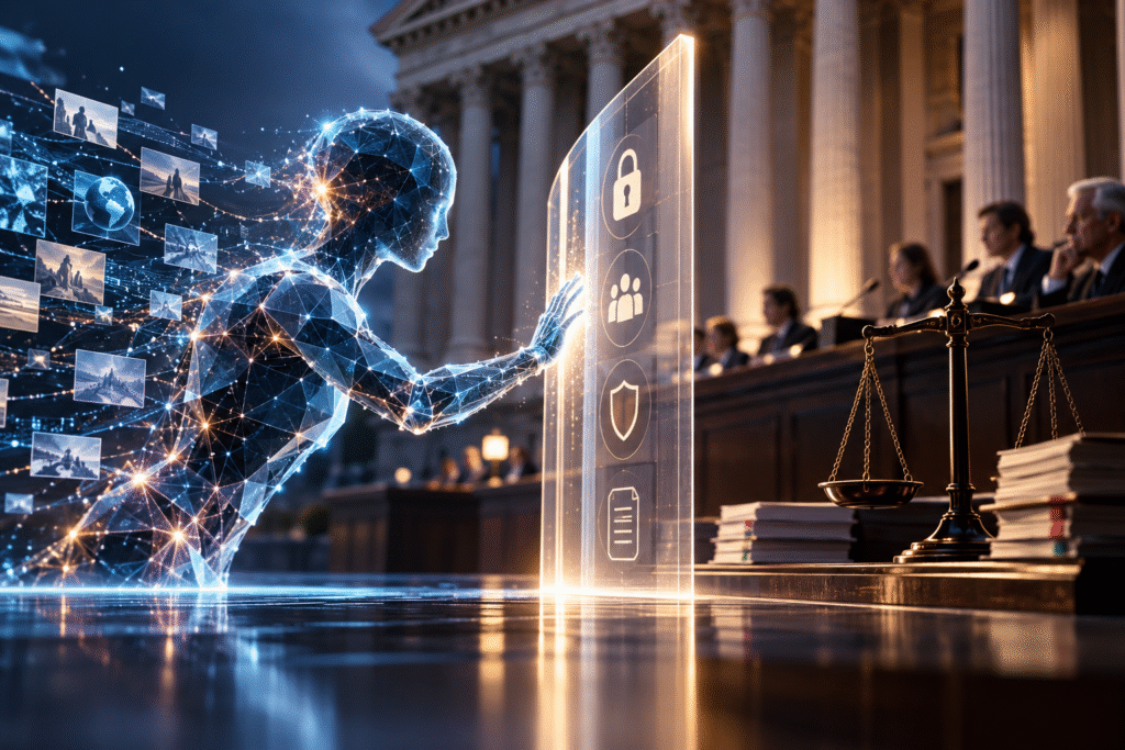 Agente de inteligencia artificial frente a una barrera de seguridad y una balanza de justicia que simbolizan supervisión y protección del consumidor