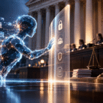 Agente de inteligencia artificial frente a una barrera de seguridad y una balanza de justicia que simbolizan supervisión y protección del consumidor