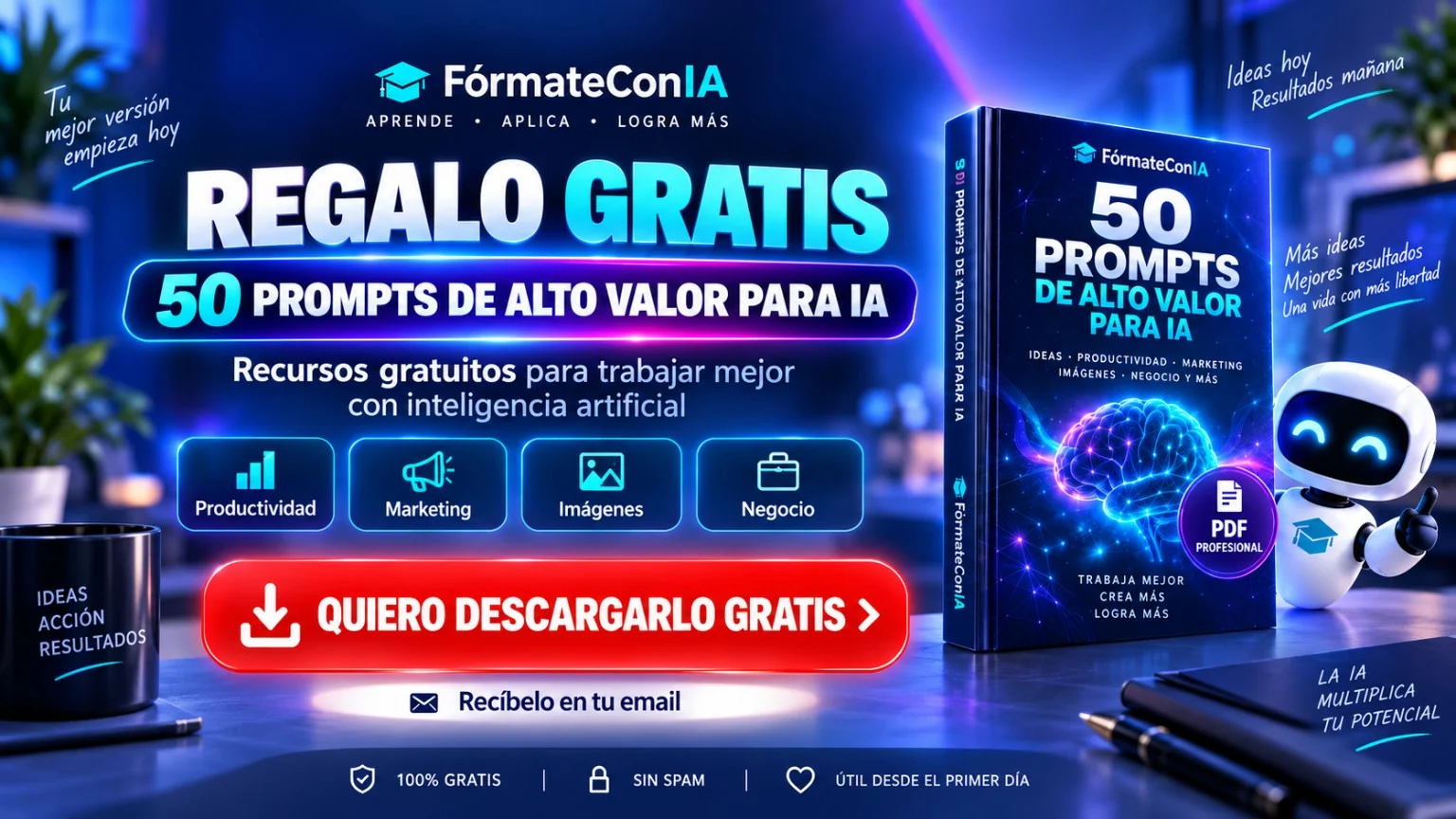 Regalo gratis: 50 prompts de alto valor para inteligencia artificial — FórmateConIA